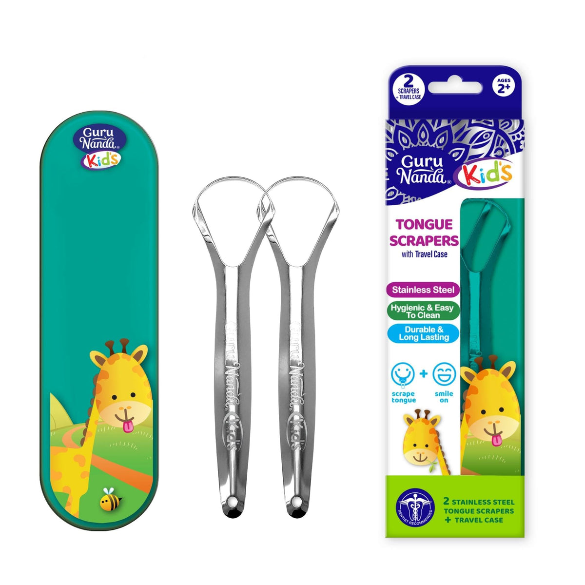 GuruNanda Stainless Steel Tongue Scraper (Pack of 2), Fight Bad Breath, Medical Grade 100% Stainless Steel Tongue Cleaner, Tongue Scraper For Adults and Kids, Great For Oral Care, Travel Friendly