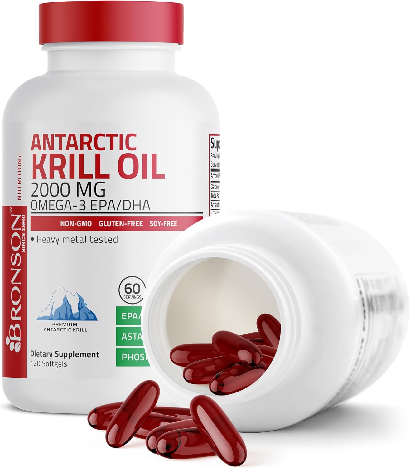Bronson Antarctic Krill Oil 2000 mg with Omega-3s, 120 Softgels | Heavy Metal Tested, with EPA, DHA, Astaxanthin and Phospholipids, Non-GMO, Gluten Free, Soy Free