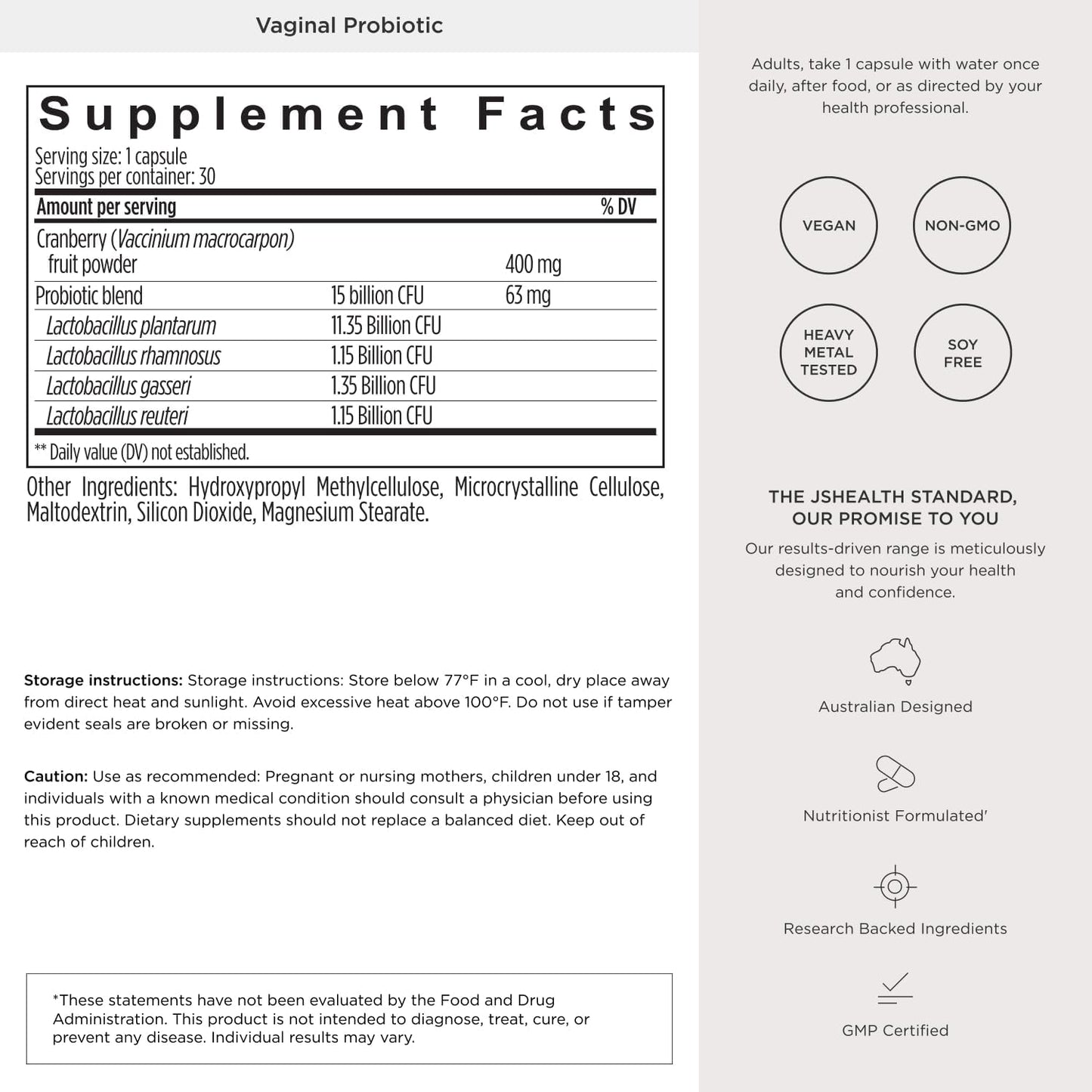 JSHealth Vaginal Probiotic for Women. Shelf-Stable Probiotic for Urinary and Vaginal Health. Cranberry and Lactobacillus Strains. Nutritionist-Formulated (30 Capsules)