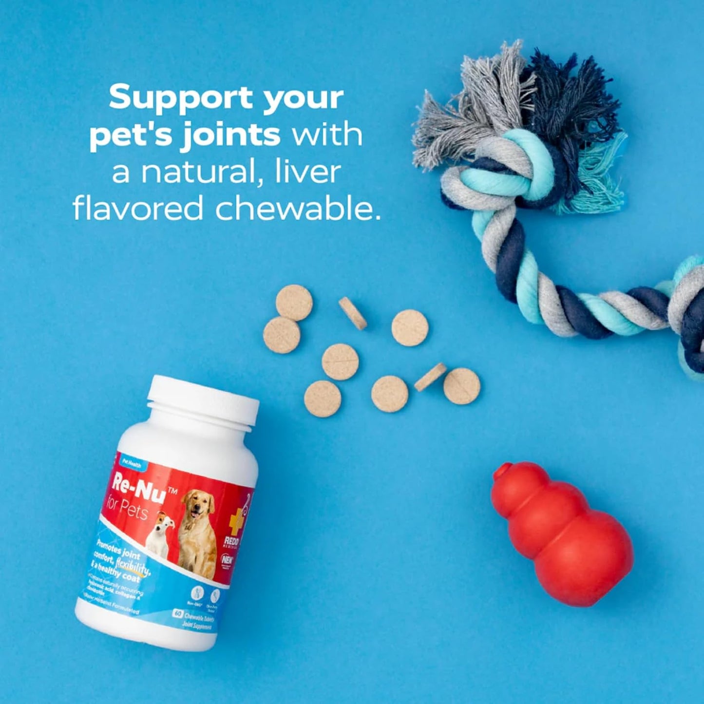 Redd Remedies, RE-NU for Pets, Joint Pain Relief Support for Dogs with Glucosamine, Chondroitin, and Collagen from NEM, Calcium and Brewer’s Yeast, Made in The USA, 60 Chewable Tablets