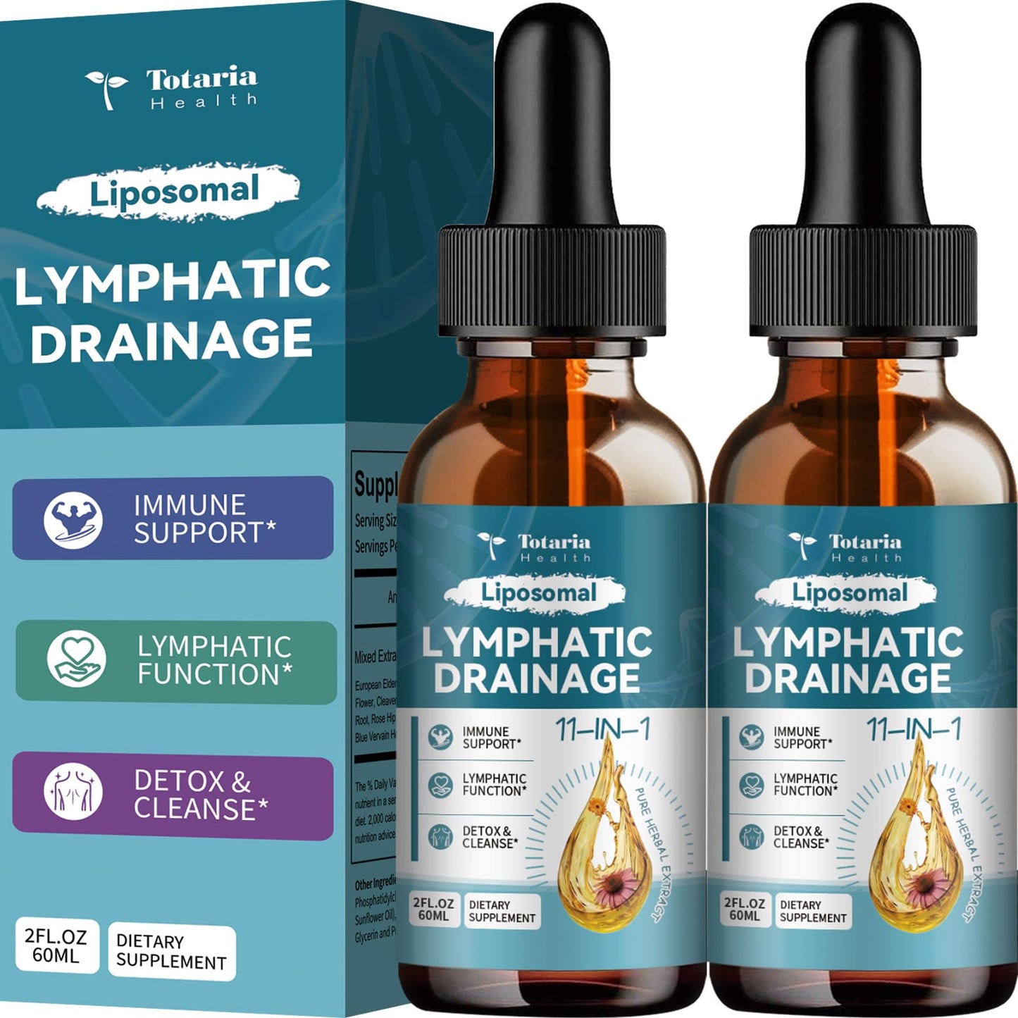 Liposomal Lymphatic Drainage Drops - 11 In 1 Organic Lymphatic Drainage Supplement with Burdock Root, Echinacea, Elderberry, Calendula, Cleavers Herb, Dandelion Supports Lymphatic Health 2 FL.OZ