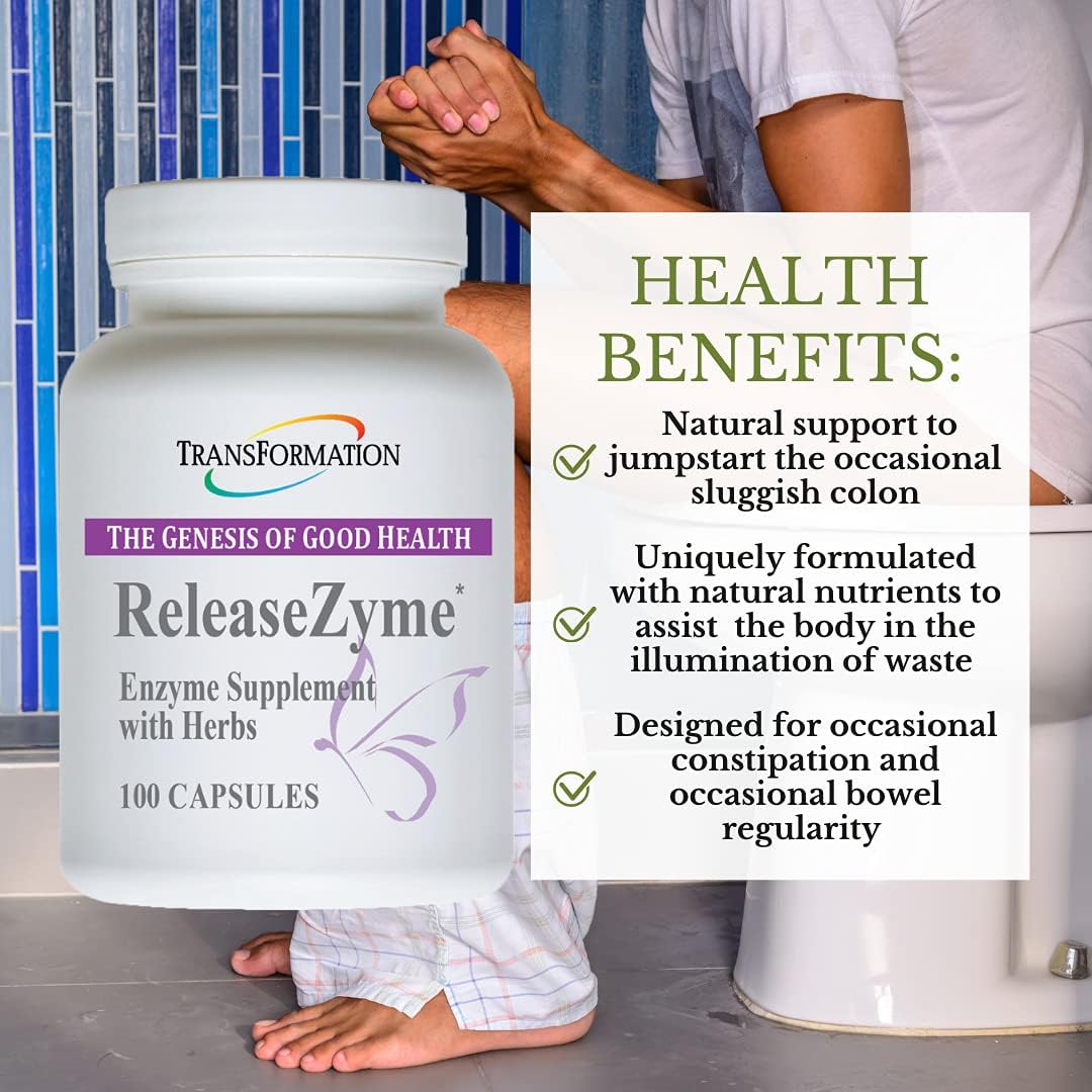 TRANSFORMATION THE GENESIS OF GOOD HEALTH Enzymes ReleaseZyme Blend Supplement with Natural Herbs, Advanced Digestive Support Formula with Protease, Helps Break Down Proteins, Plant Based Enzymes, 100