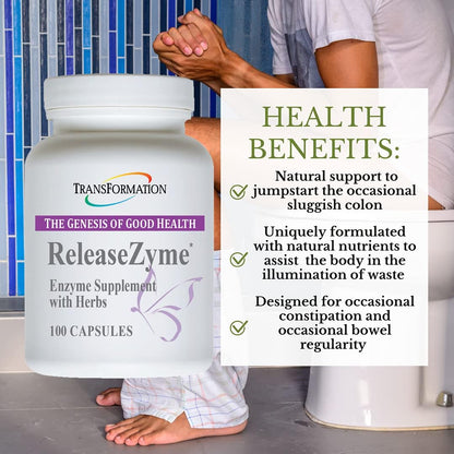 TRANSFORMATION THE GENESIS OF GOOD HEALTH Enzymes ReleaseZyme Blend Supplement with Natural Herbs, Advanced Digestive Support Formula with Protease, Helps Break Down Proteins, Plant Based Enzymes, 100