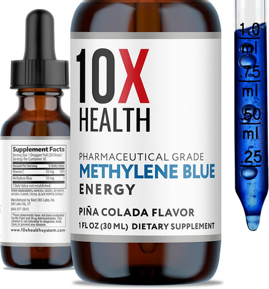 10X Health Methylene Blue Drops - 30ml Drops | Focus Support Supplement: With Black Pepper Extract, Energy Support, Vegan, Non-GMO, 30ml