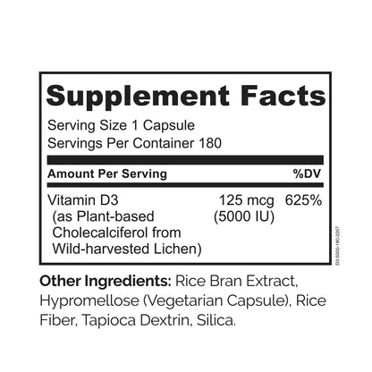NATURELO Vitamin D - 5000 IU - Plant Based from Lichen - Natural D3 Supplement for Immune System, Bone Support, Joint Health - High Potency - Vegan - Non-GMO - Gluten Free - 180 Capsules