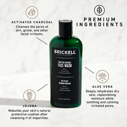 Brickell Men's Purifying Charcoal Face Wash for Men, Daily Facial Cleanser, With Charcoal, Vitamin E, and Hyaluronic Acid, 8 Ounce, Scented