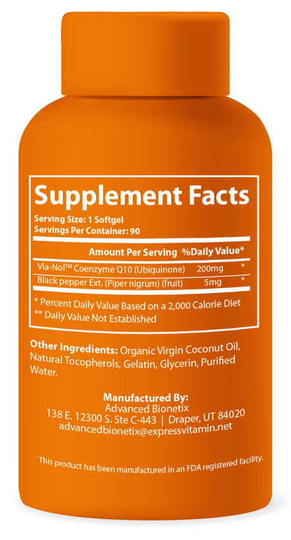 Advanced Bionetix Advanced Absorption 200mg CoQ10 w/Black Pepper Extract. 90 Softgels. Antioxidant Supplement, Heart & Vascular Health, Brain Health, Organic, Gluten Free, Energy Production