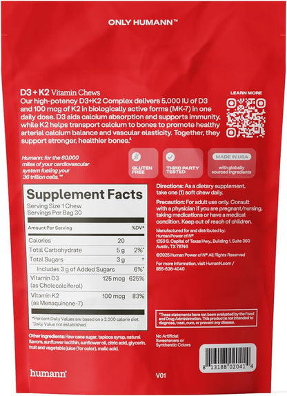 HumanN Vitamin D3 + K2 Chews - High Potency Vitamin D 5000iu (125mcg) Helps Support Healthy Mood, Immunity, Cardiovascular, Respiratory Health & Bone Health, Mixed Berry Flavor, 30 Count