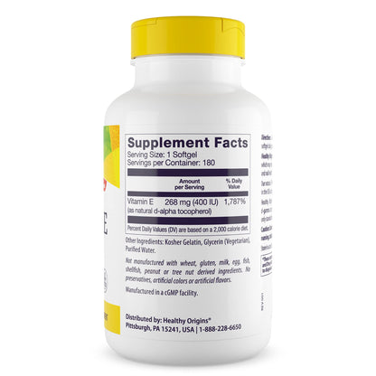Healthy Origins Vitamin E 400 IU, Natural Mixed Tocopherols, 90 Softgels