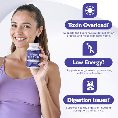 Happee Liver Cleanse Detox & Repair Supplement with Milk Thistle Extract - Flush Toxins & Renew Health - Vegan, Made in USA, 60 Capsules