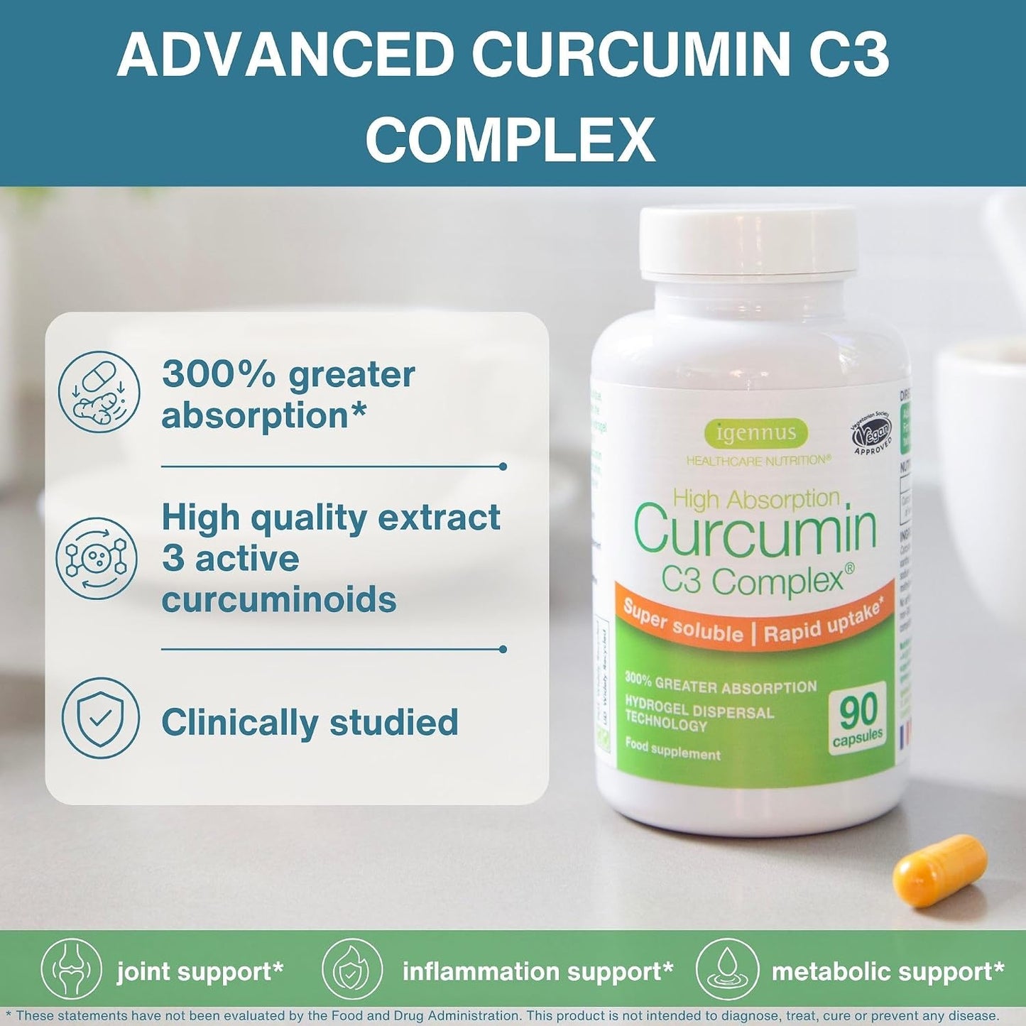 Igennus Advanced Curcumin C3 Complex, 300% Greater Absorption & Rapid Uptake, 95% Standardised Extract, 90 Servings, Clean Label, Vegan Supplement, 1-a-Day, 90 Capsules