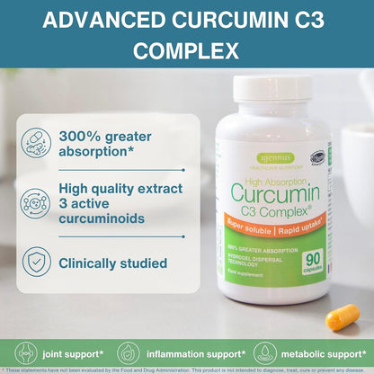Igennus Advanced Curcumin C3 Complex, 300% Greater Absorption & Rapid Uptake, 95% Standardised Extract, 90 Servings, Clean Label, Vegan Supplement, 1-a-Day, 90 Capsules