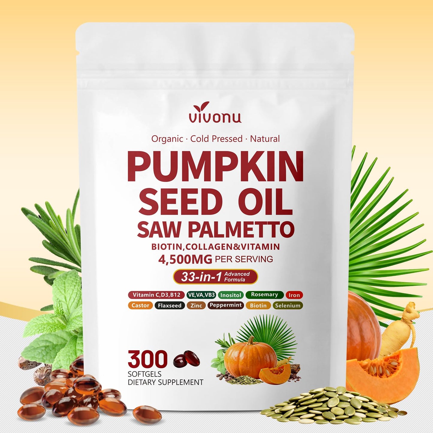 VivoNu Pumpkin Seed Oil with Saw Palmetto Capsules | 4500mg | 300 Count| 33 in 1 Vitamin C D3 B12 E A, Castor, Zinc, Biotin, Iron, Peppermint | Hair Growth & DHT Blocker for Women Men | 300 Count| 33 in 1 Vitamin C D3 B12 E A, Castor, Zinc, Biotin, Iron,