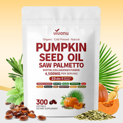 VivoNu Pumpkin Seed Oil with Saw Palmetto Capsules | 4500mg | 300 Count| 33 in 1 Vitamin C D3 B12 E A, Castor, Zinc, Biotin, Iron, Peppermint | Hair Growth & DHT Blocker for Women Men | 300 Count| 33 in 1 Vitamin C D3 B12 E A, Castor, Zinc, Biotin, Iron,