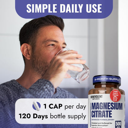 Premium Magnesium Capsules 500mg, High Absorption Formula Chelated Buffered Citrate to Support Digestion, Bone, Sleep & Muscle Health – Magnesium Citrate - 120 Capsules
