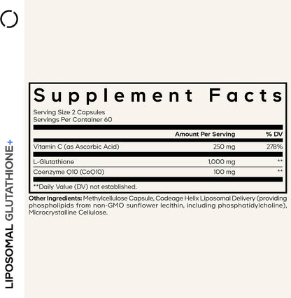 Codeage Liposomal Glutathione+ Supplement - 1000 mg Reduced L-Glutathione Pills, Vitamin C Ascorbic Acid, CoQ10 - Liposomal Delivery - Skin & Antioxidant Support - Non-GMO - 120 Capsules