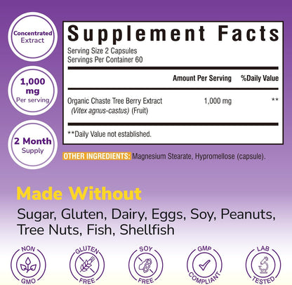 Organic Vitex Chasteberry Supplement for Women, Hormone Balance, Fertility Support, Healthy Menstrual Cycle, Vegan, 120 Capsules