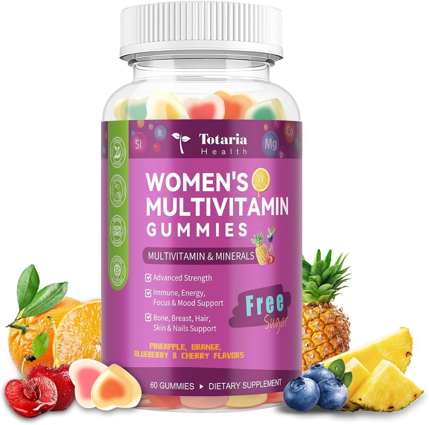 Totaria Sugar Free Womens Multivitamin Gummies with Iron, Women's Multivitamin w/Vitamins C, D3 K2, B12, B6, Filled Gummies for Daily Nutritional Support| Immune Support| Skin Health, Mixed Flavors