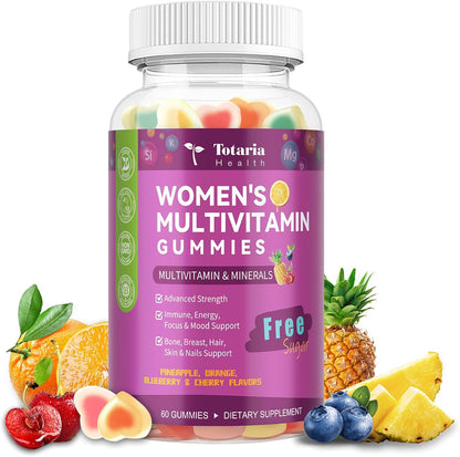 Totaria Sugar Free Womens Multivitamin Gummies with Iron, Women's Multivitamin w/Vitamins C, D3 K2, B12, B6, Filled Gummies for Daily Nutritional Support| Immune Support| Skin Health, Mixed Flavors