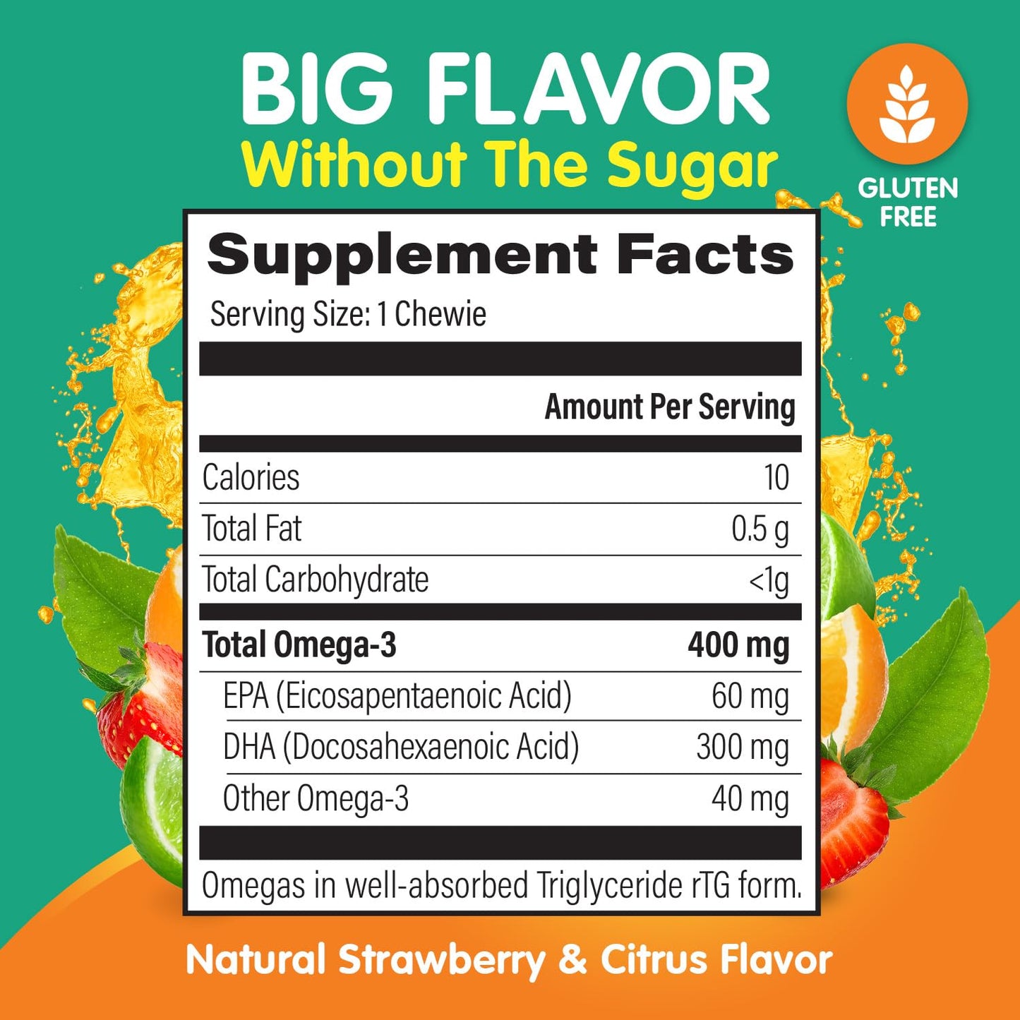 OmegaVia Omega 3 Chewies, Daily DHA Chewable Vitamins for Kids, Omega 3 for Ages 3-12 to Support Brain & Eye Health, Sugar-Free Natural Fruit Flavor, Omega 3 Fish Oil, 30 Individual Packets