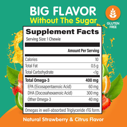 OmegaVia Omega 3 Chewies, Daily DHA Chewable Vitamins for Kids, Omega 3 for Ages 3-12 to Support Brain & Eye Health, Sugar-Free Natural Fruit Flavor, Omega 3 Fish Oil, 30 Individual Packets
