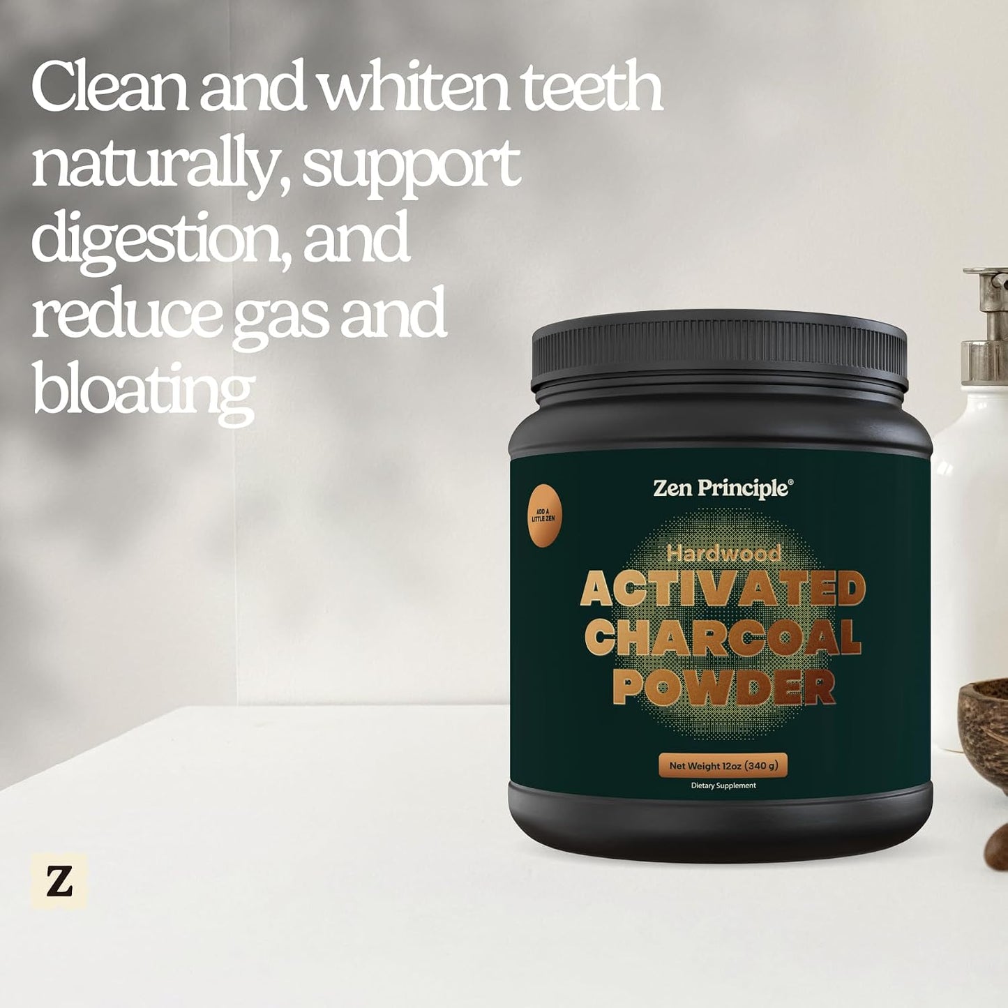 Zen Principle Activated Charcoal Powder only from USA Hardwood Trees. All Natural. Whitens Teeth, Rejuvenates Skin and Hair, Supports Better Digestion. Free Scoop Included. 12 oz.