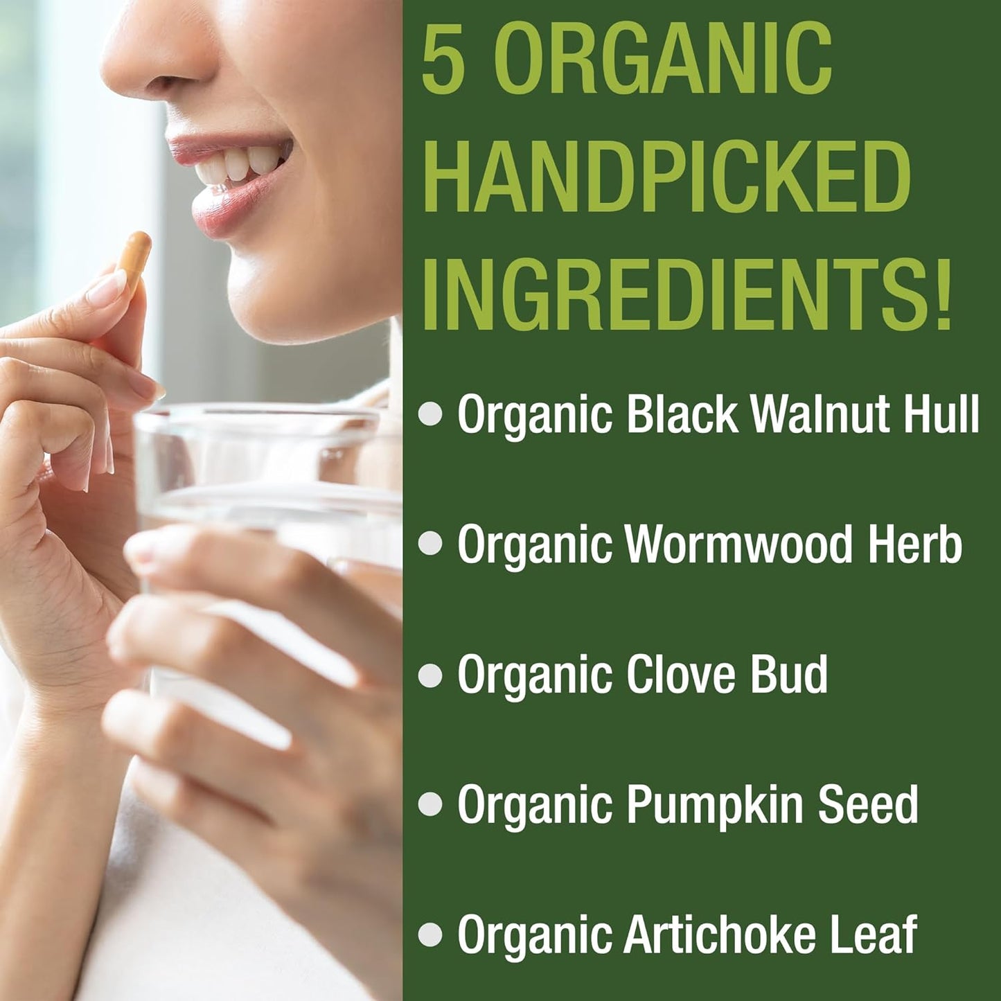 USDA Organic Wormwood Black Walnut Clove Cleanse for Humans. Elimination Detox + Intestinal Support Capsules Supplement for Adults and Kids. Pills with Artichoke and Pumpkin Seed for Added Benefits