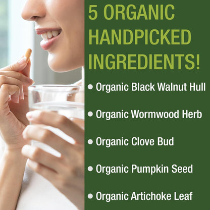 USDA Organic Wormwood Black Walnut Clove Cleanse for Humans. Elimination Detox + Intestinal Support Capsules Supplement for Adults and Kids. Pills with Artichoke and Pumpkin Seed for Added Benefits