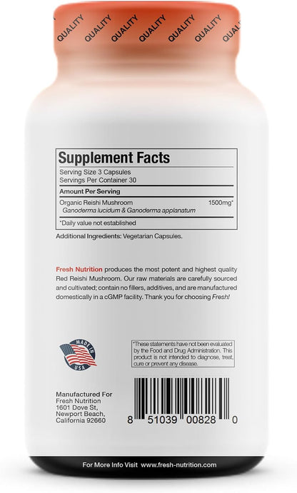 Fresh Nutrition Organic Reishi Mushroom Capsules - Rich in Alpha Glucan - Ganoderma Lucidum & Ganoderma Applanatim - Third Party Tested - 90 Capsules/Pills