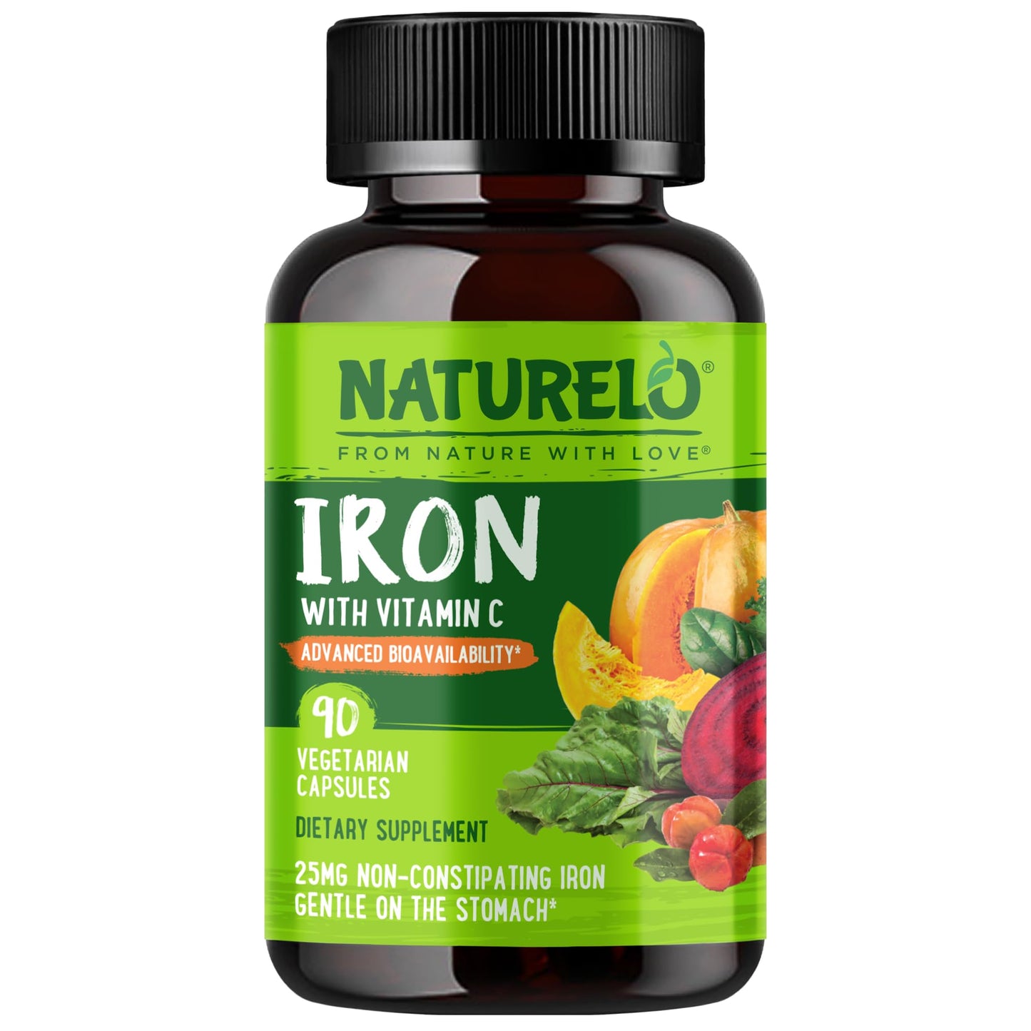 NATURELO Vegan Iron Supplement with Vitamin C and Organic Whole Foods - Gentle Iron Pills for Women & Men with Iron Deficiency Including Pregnancy, Anemia and Vegan Diets - 90 Mini Capsules