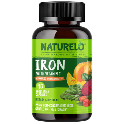 NATURELO Vegan Iron Supplement with Vitamin C and Organic Whole Foods - Gentle Iron Pills for Women & Men with Iron Deficiency Including Pregnancy, Anemia and Vegan Diets - 90 Mini Capsules