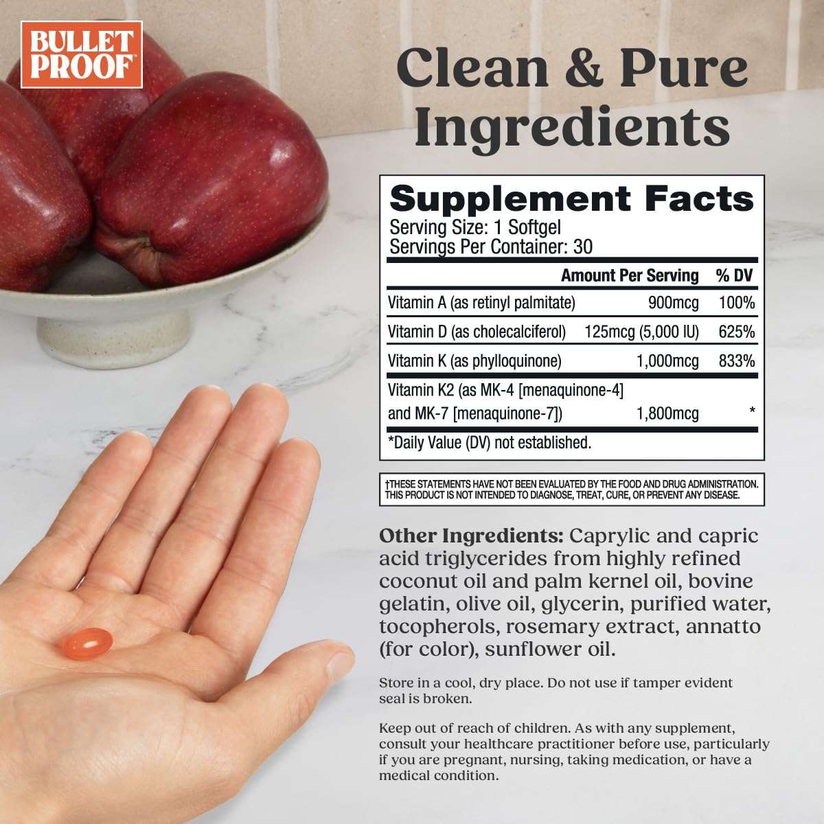 Bulletproof Vitamins A-D-K Softgels, 30 Count, Supplement for Heart, Bone Health and Immune Support