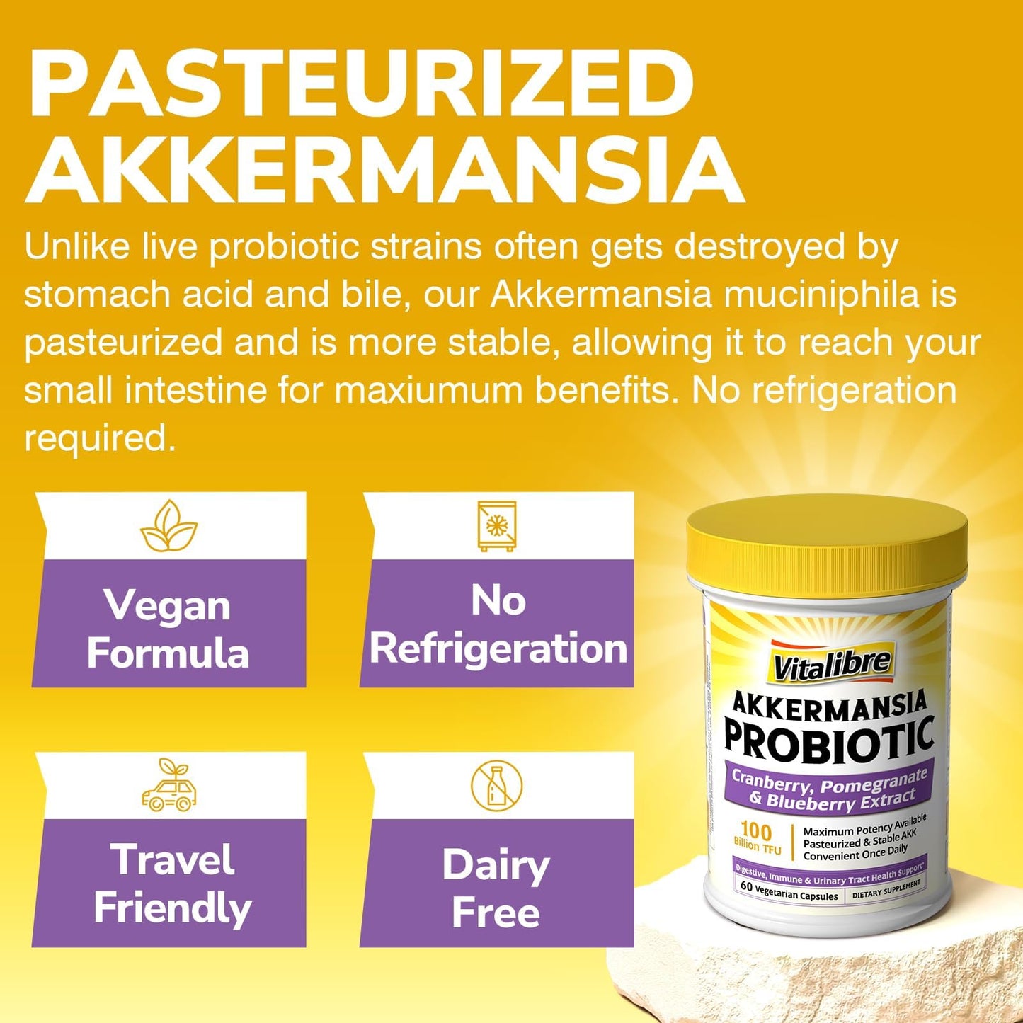 Vitalibre Akkermansia Probiotics 100 Billion TFU, Pasteurized Akkermansia Muciniphila, w/Cranberry, Blueberry & Pomegranate, Digestive & Immune Health, Leaky Gut, GLP-1 Supplement, 30 Vegan Capsules