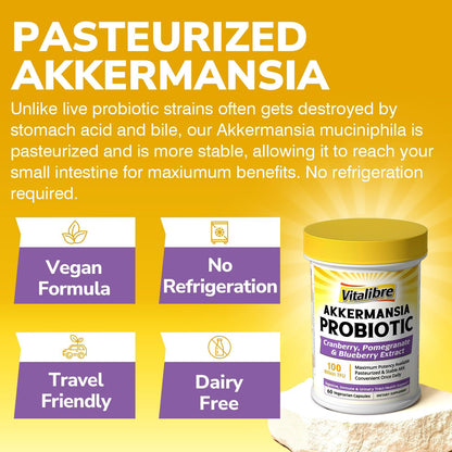 Vitalibre Akkermansia Probiotics 100 Billion TFU, Pasteurized Akkermansia Muciniphila, w/Cranberry, Blueberry & Pomegranate, Digestive & Immune Health, Leaky Gut, GLP-1 Supplement, 30 Vegan Capsules
