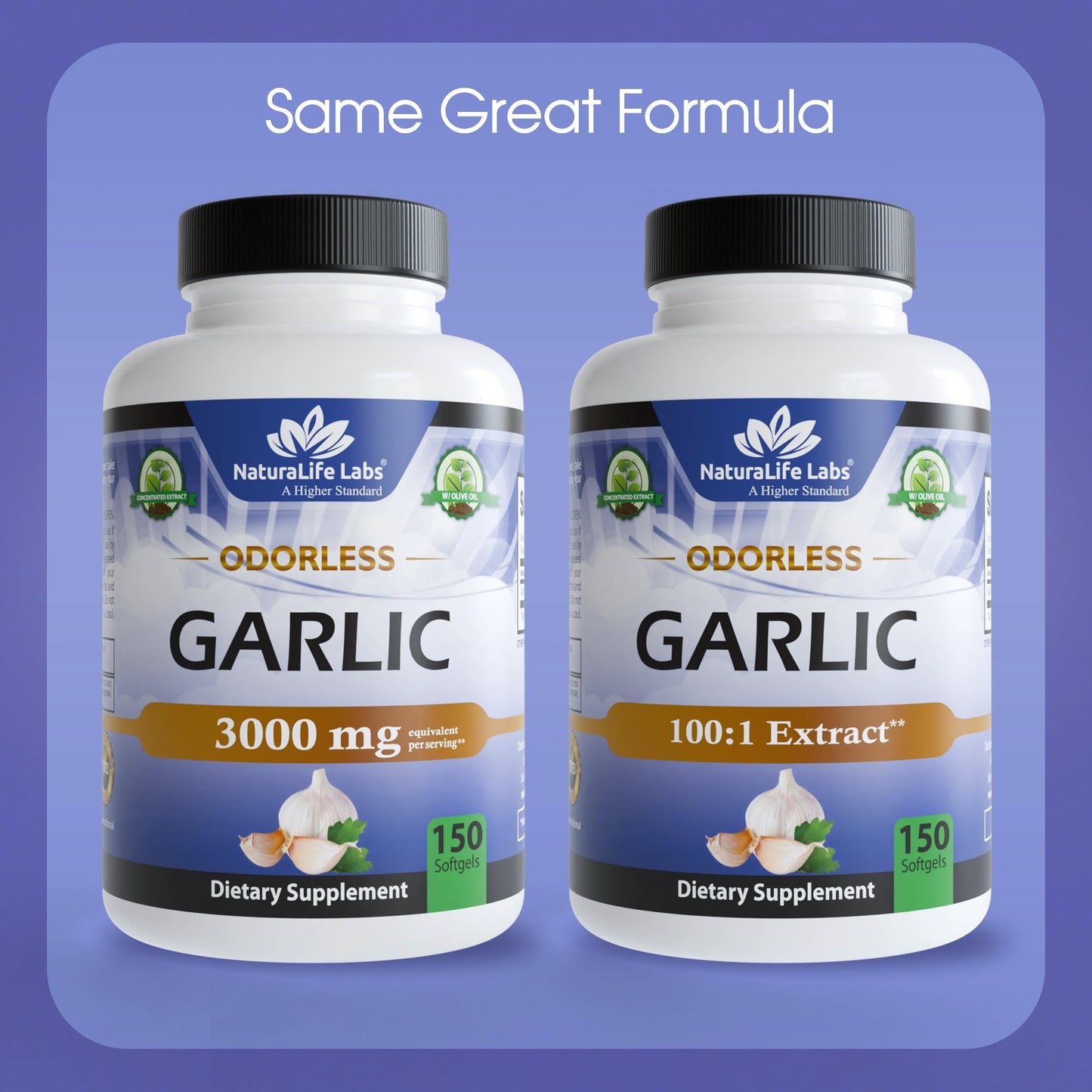 NaturaLife Labs Odorless Garlic – Concentrated 100:1 Garlic Extract with Olive Oil – 150 Softgels – Non-GMO, Gluten-Free