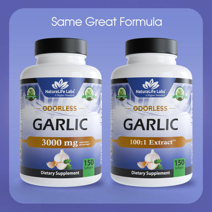 NaturaLife Labs Odorless Garlic – Concentrated 100:1 Garlic Extract with Olive Oil – 150 Softgels – Non-GMO, Gluten-Free