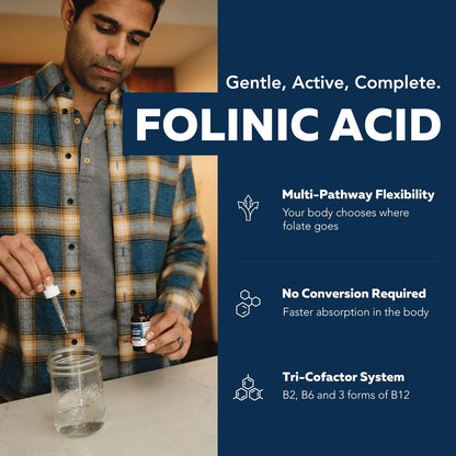 FolinicActive™ Organic Folinic Acid Liquid Drops for Brain, Heart, Nerve & Mood Support - 1700 mcg with B12, B6 & Riboflavin B2 - Tri-Cofactor Absorption System -Berry Flavor Drops, 1fl oz-60 Servings