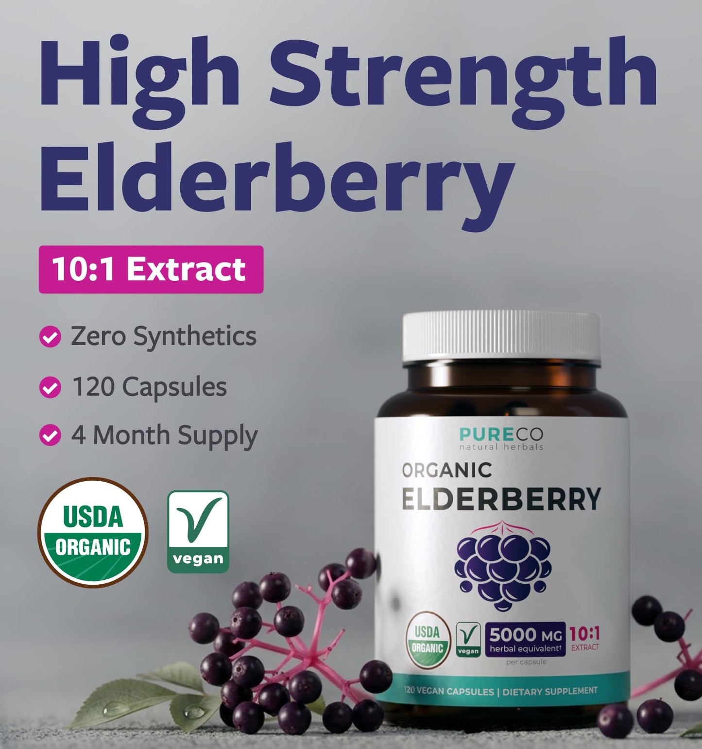 PURE CO Organic Elderberry 10:1 Extract 500mg Per 1 Capsule Serving - Vegan Black Elderberry Supplement for Immune Support, Allergy, Sinus Relief - Sambucus Nigra - 30 Caps