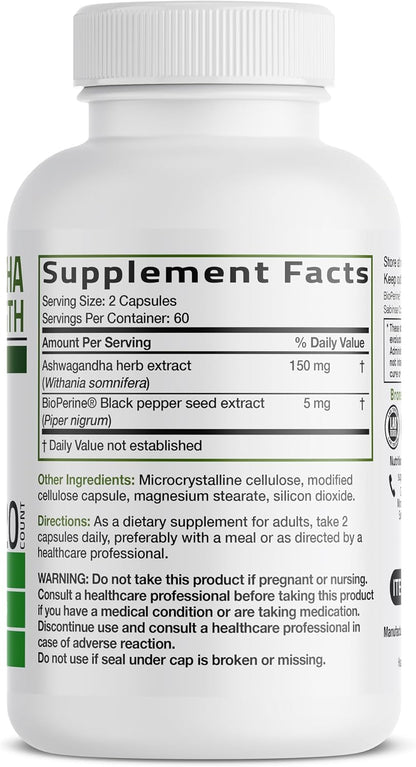 Bronson Ashwagandha Extra Strength Stress & Mood Support 120 Capsules | Vegetarian, Non-GMO, Gluten-Free, Soy-Free, BioPerine for High Absorption