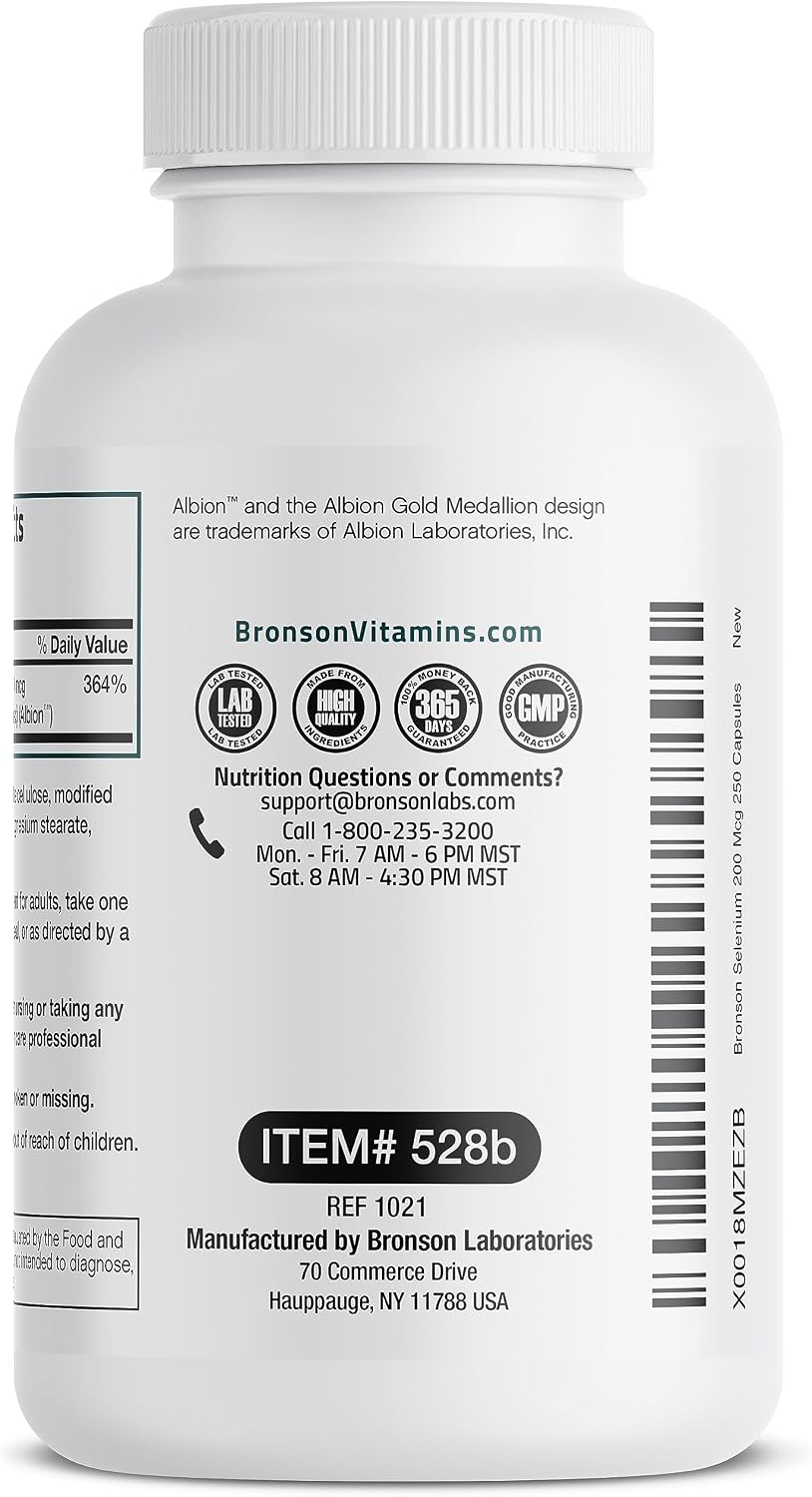 Bronson Selenium 200 mcg Albion Chelated Amino Acid Complex, 250 Capsules | Yeast-Free Essential Trace Mineral, Immune, Prostate & Metabolism Support, Vegetarian, Non-GMO, Gluten-Free & Soy-Free