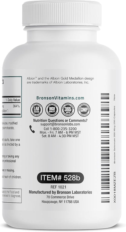 Bronson Selenium 200 mcg Albion Chelated Amino Acid Complex, 250 Capsules | Yeast-Free Essential Trace Mineral, Immune, Prostate & Metabolism Support, Vegetarian, Non-GMO, Gluten-Free & Soy-Free