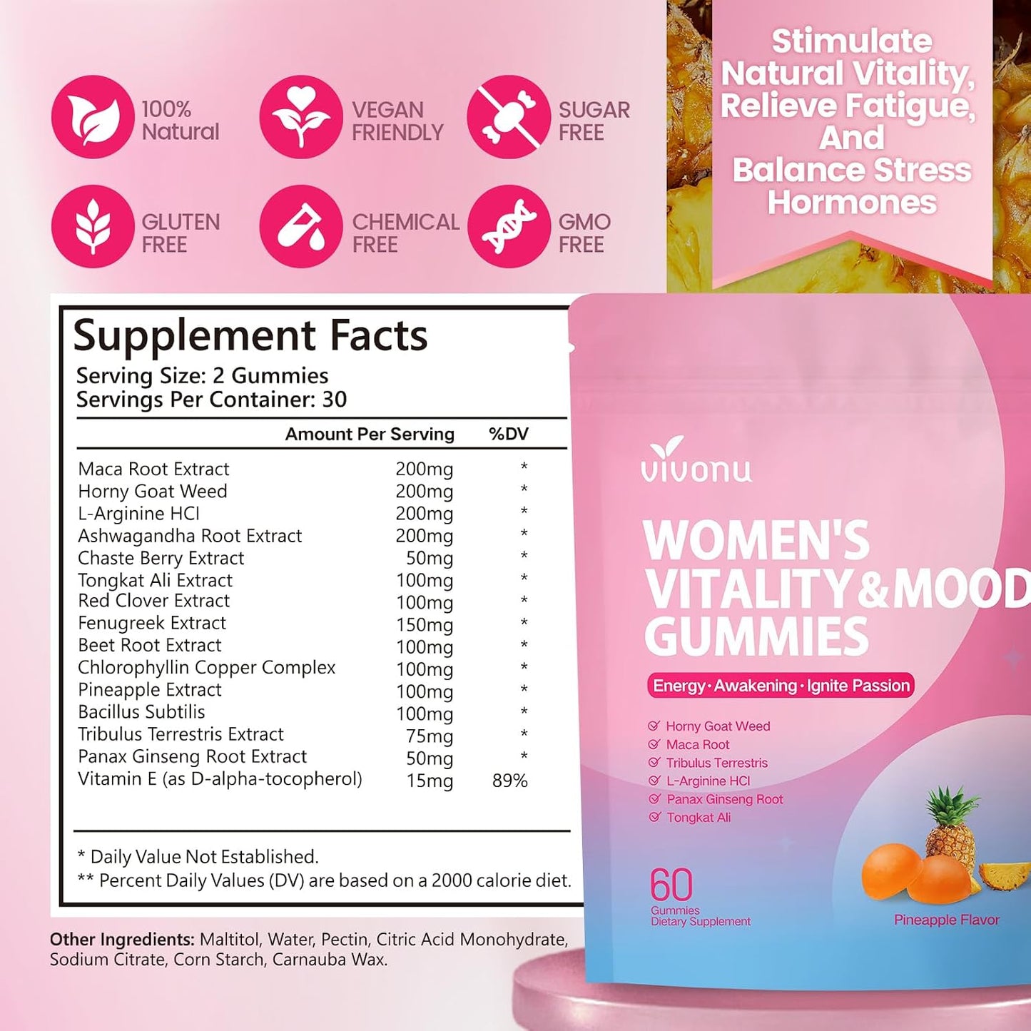 VivoNu Women Mood Gummies, Pineapple Flavor,Vegan,Non-GMO&Sugar-Free,60 Count