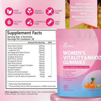 VivoNu Women Mood Gummies, Pineapple Flavor,Vegan,Non-GMO&Sugar-Free,60 Count