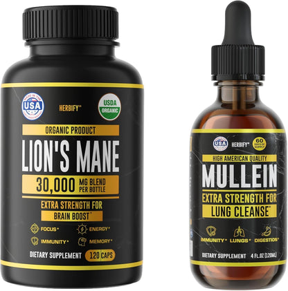 HERBIFY Bundle Lions Mane Capsules & Mullein Drops - Daily Supplement for Memory, Focus, Clarity & Powerful Lung Cleanse Support