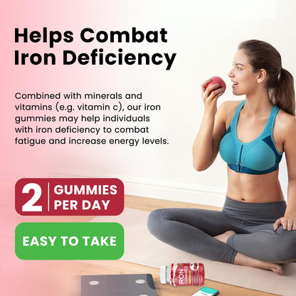 Iron Gummies with Multivitamin, Iron Supplement for Women & Men with Zinc, Vitamin B Complex & C, B12, Folate - Blood Builder & Energy Support for Adults & Kids - Strawberry Flavor, Vegan 60 Gummies
