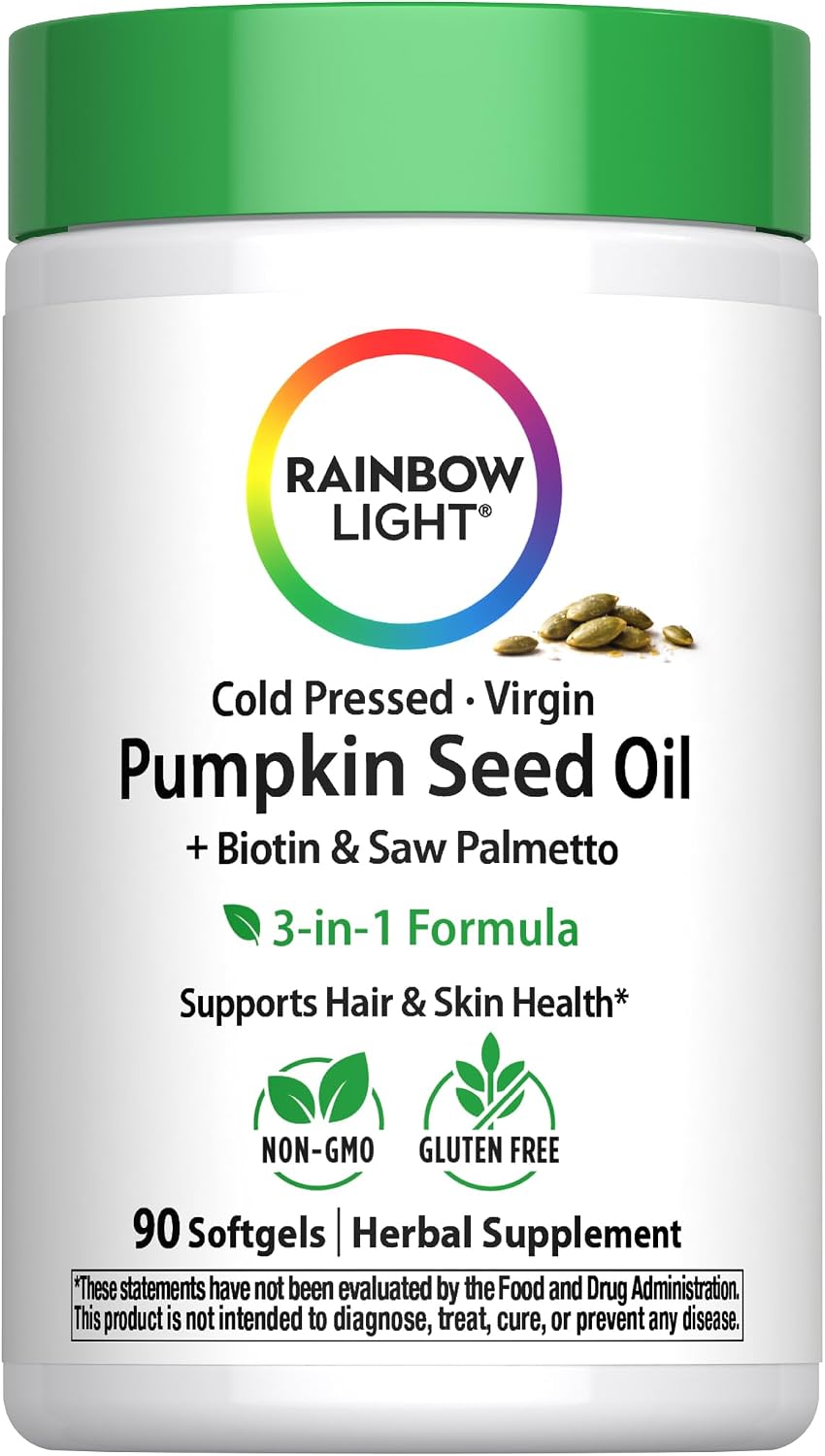 Rainbow Light Pumpkin Seed Oil with Saw Palmetto | 90 Softgels | Plus Biotin | Supports Hair & Skin Health | Cold Pressed, Virgin Herbal Supplement