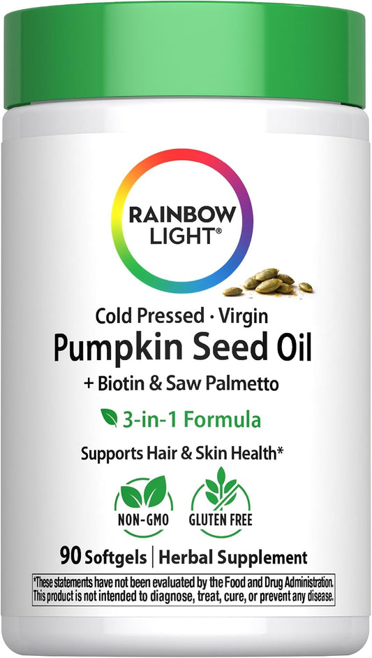 Rainbow Light Pumpkin Seed Oil with Saw Palmetto | 90 Softgels | Plus Biotin | Supports Hair & Skin Health | Cold Pressed, Virgin Herbal Supplement