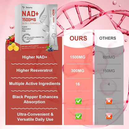 Totaria 16-in-1 NAD Liquid Supplement 1500mg for Men & Women, Extra Strength NAD+ with NMN Precursor, Resveratrol, PQQ, CoQ10, Supports Anti Aging, Energy, Immune, Focus (30 Packets) 1 Months Supply
