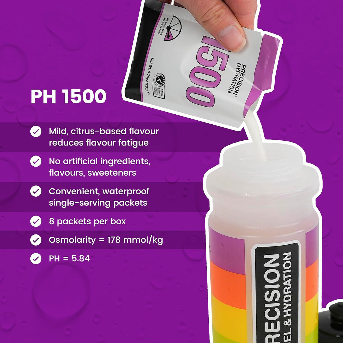 Precision Hydration Electrolyte Powder - No Artificial Ingredients,Multi Strength Hydration Packets - Individual Waterproof Servings - Gluten Free,(1 Box (8 Packets,1500mg/L- Purple)