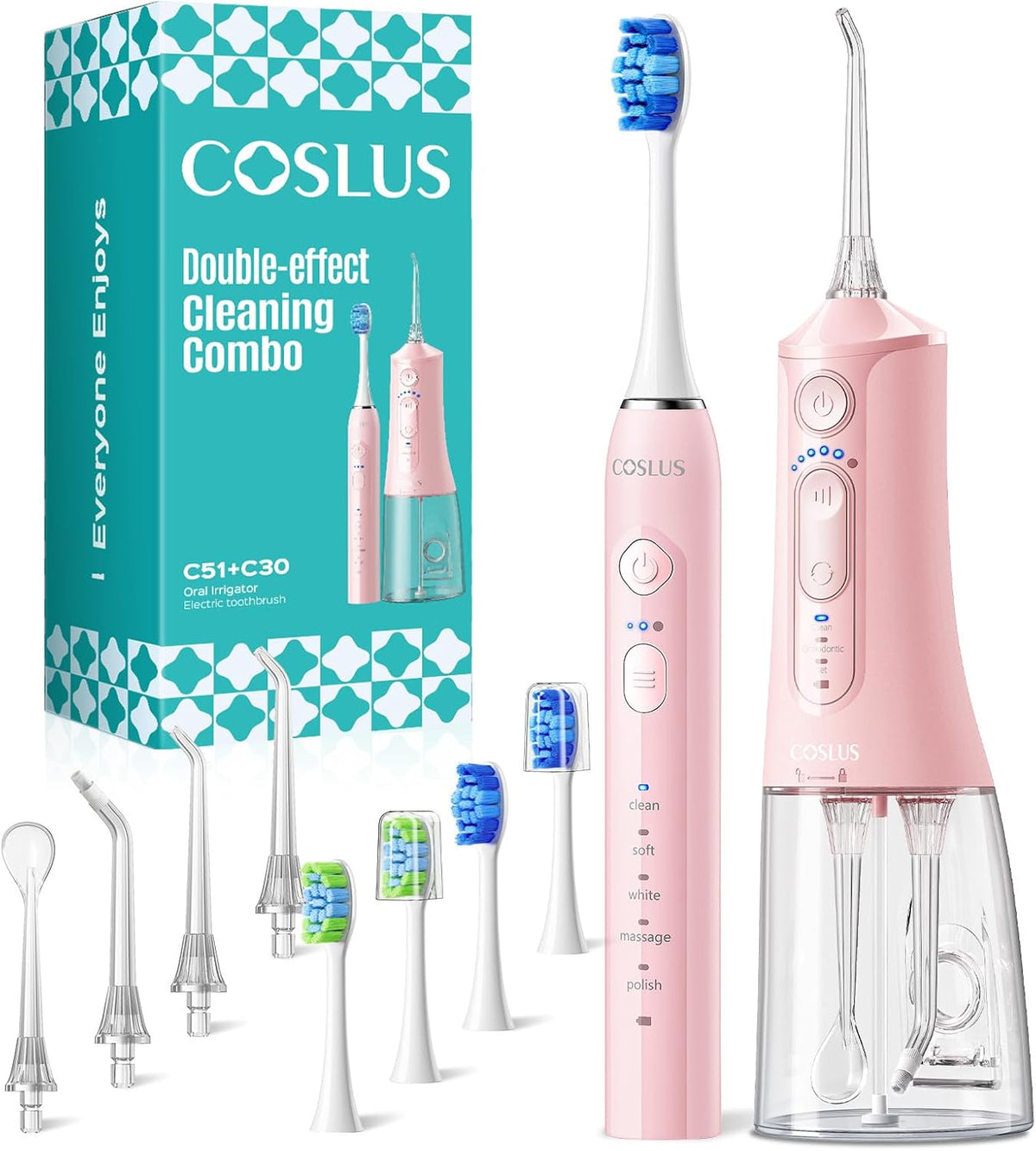 COSLUS C51C30 Water Flosser Electric Toothbrush Combo, Pink Oral Clean Kit
